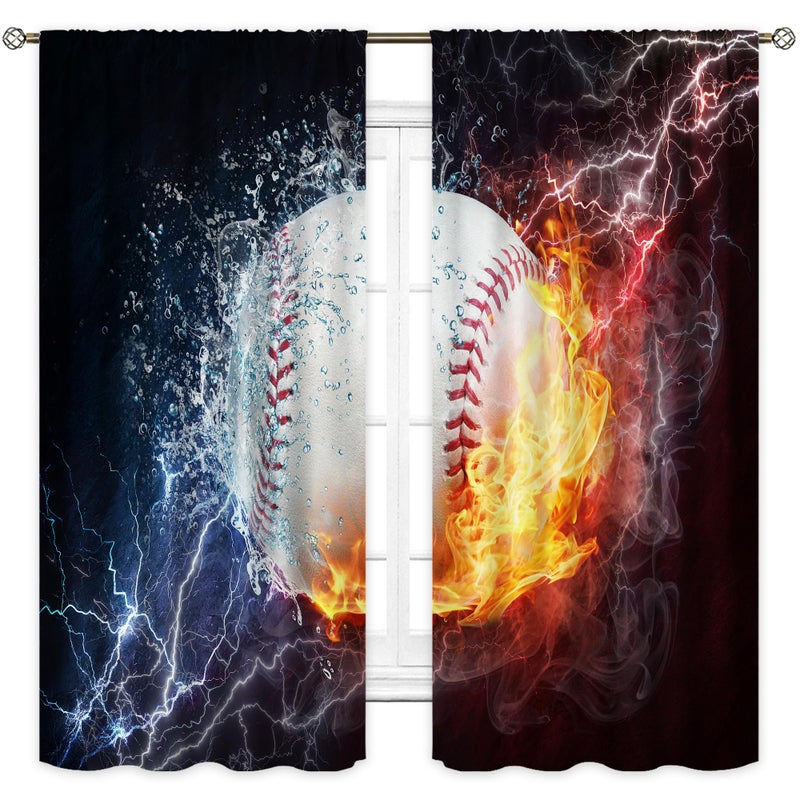 Cinbloo Baseball Curtains Sports Theme for Men 42W x 63L Inch Rod Pocket Ball in Fire Water Flame Lightening Boys Kids Bedroom Decor Art Printed Living Room Window Drapes Treatment Fabric 2 Panels - Image 1